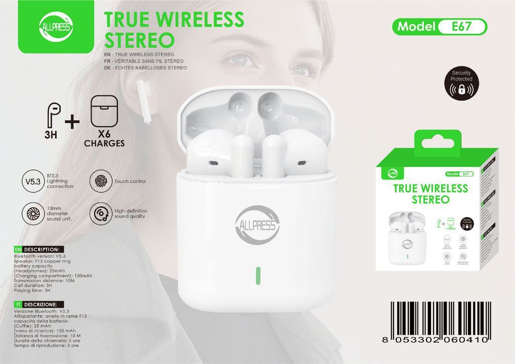 AS-06041无线蓝牙耳机 ALLPRESS AS-06041 TRUE WIRELESS STEREO