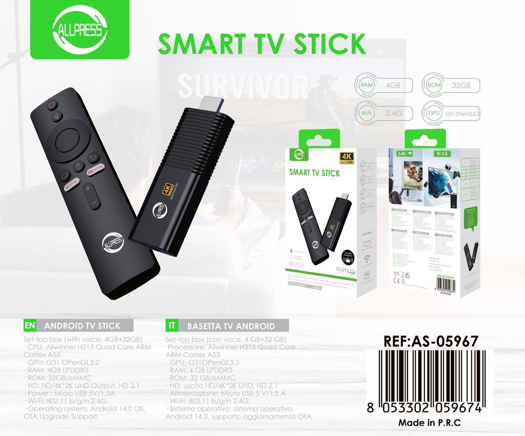AS-05967 GL69612机顶盒4GB+32GB ALLPRESS AS-05967 SMART TV STICK