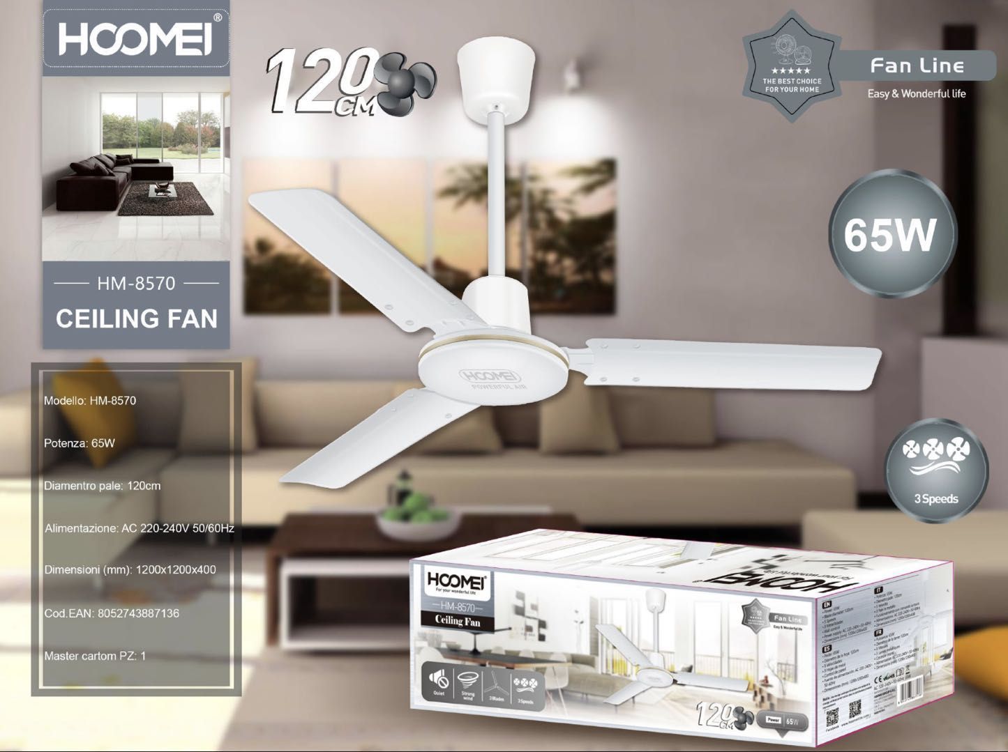 吊扇 HM-8570 HOOMEI Ventilatore da soff. 120cm HM-8570