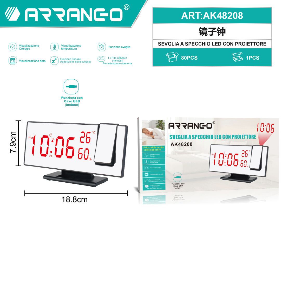镜子钟 SVEGLIA A SPECCHIO LED CON PROIETTORE
