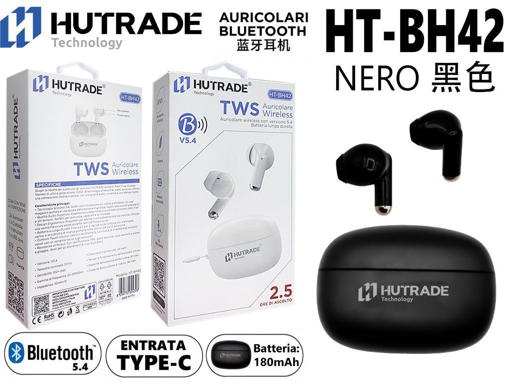 HT-BH42 蓝牙耳机 黑色 HUTRADE HT-BH42 AURICOLARE BLUETOOTH TWS NERO