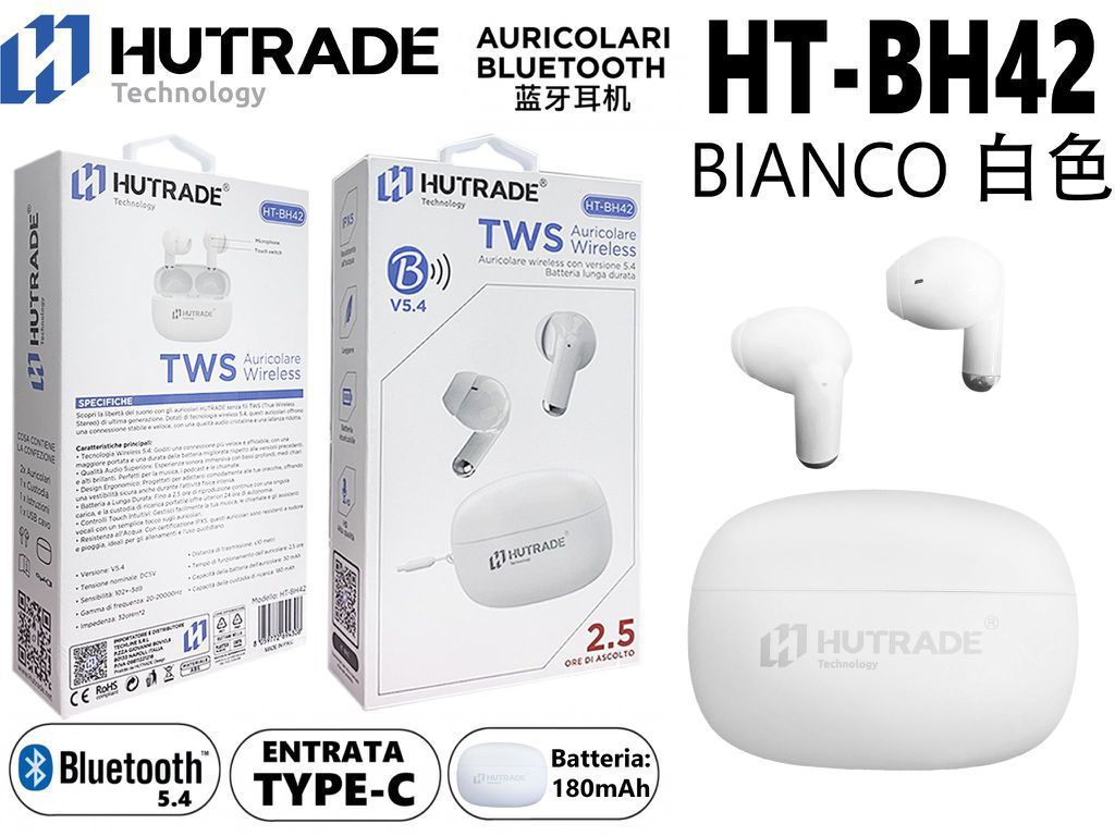 HT-BH42 蓝牙耳机 白色 HUTRADE HT-BH42 AURICOLARE BLUETOOTH TWS BIANCO