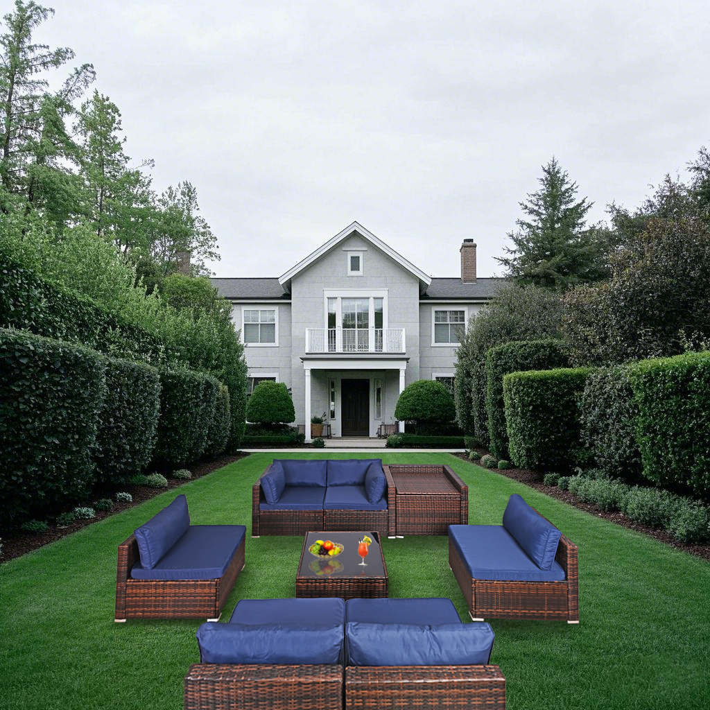 8 件带储物柜的户外天井家具套装，带玻璃桌和隐藏式储物盒的户外柳条藤天井家具组合套装