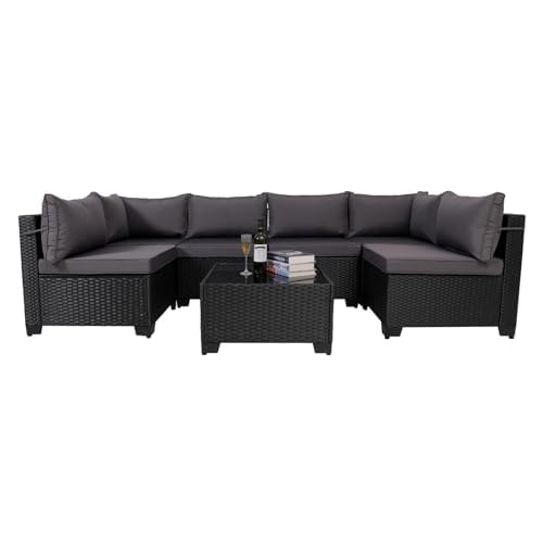 7 件套户外天井家具，全天候柳条编藤组合沙发，现代玻璃茶几和可清洗座垫