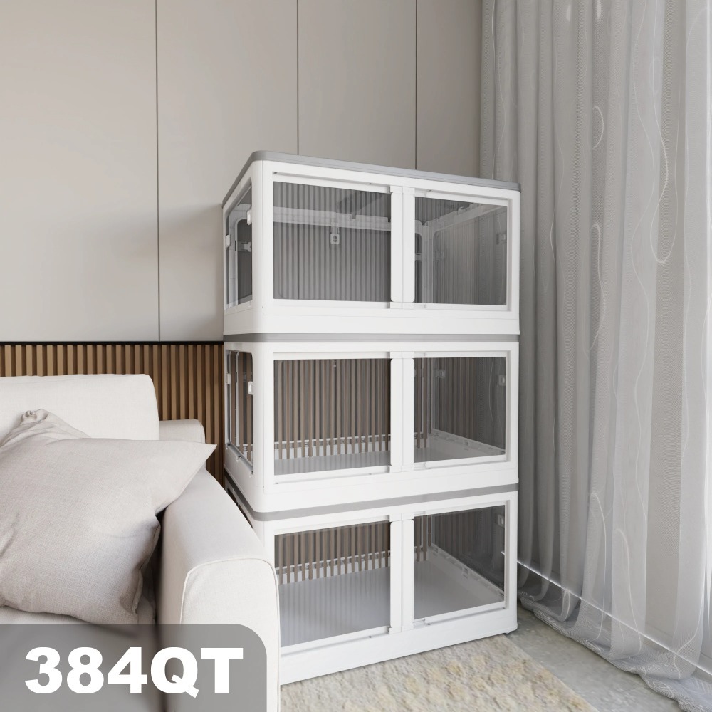 384QT 3 组透明可堆叠式收纳盒套装，配有 5 个带轮子可开启的门，可折叠塑料工艺品收纳盒，大型衣帽间整理盒，适用于卧室、客厅、书房、儿童玩具收纳，白色款