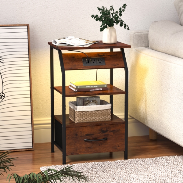 复古火烧纹床头柜，带布抽、置物架、充电插座（含USB端口）、遥控器、LED灯，卧室客厅的茶几桌