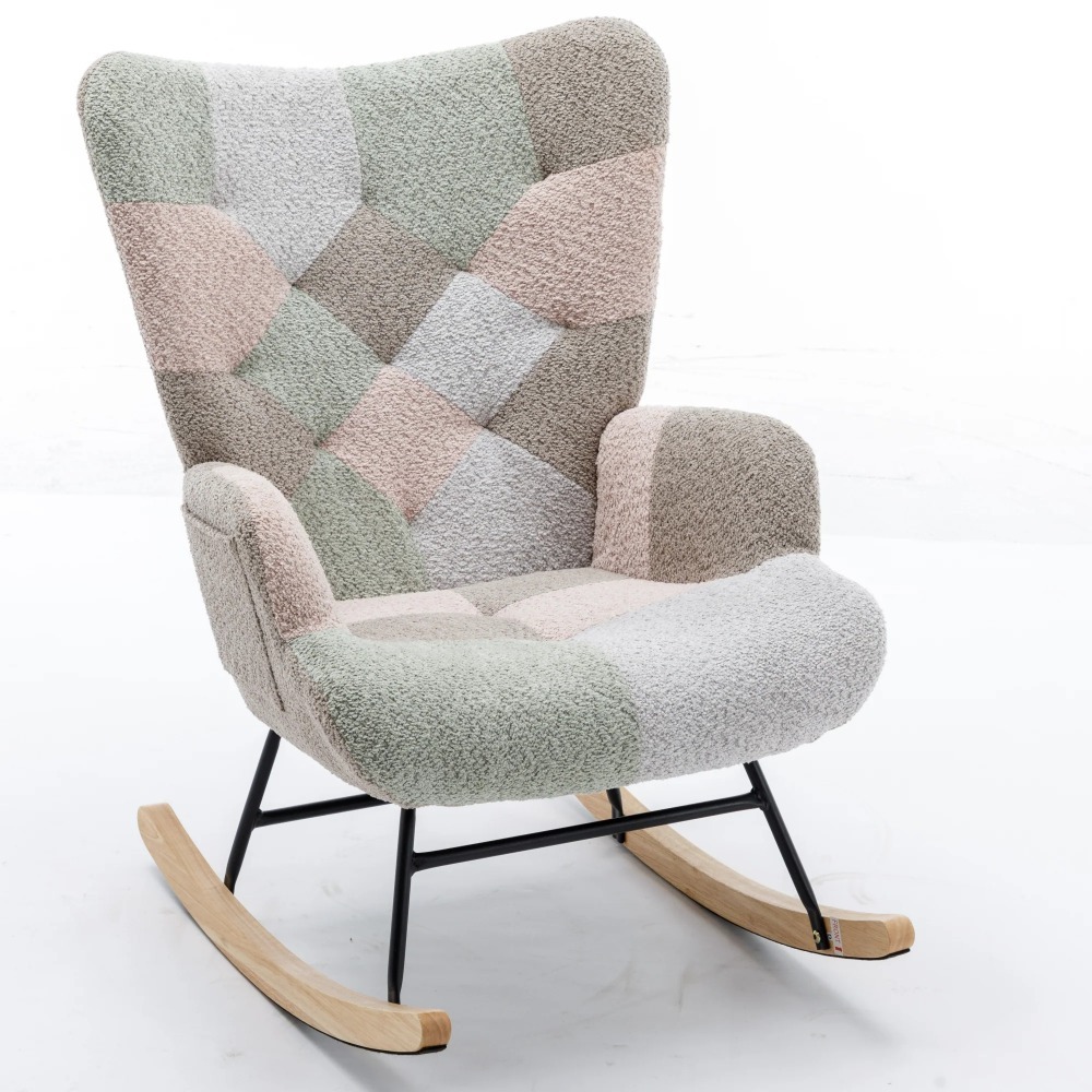 Modern Patchwork Accent Chair with Solid Wood Armrest and Feet, Mid-Century Modern Accent Sofa, Fabric Sofa Chair for Living Room Bedroom Studio, Comfy Side Armchair for Bed, (Macaroon)