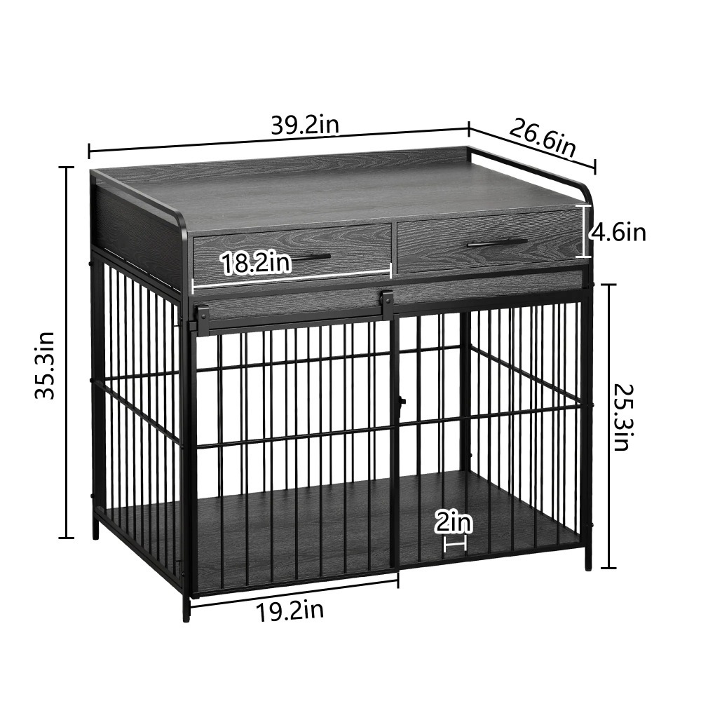 大型狗笼家具，室内犬舍带储物抽屉，双门狗笼边桌，重型狗笼，装饰性宠物笼狗舍，适合大型犬的犬笼，乡村风格灰色