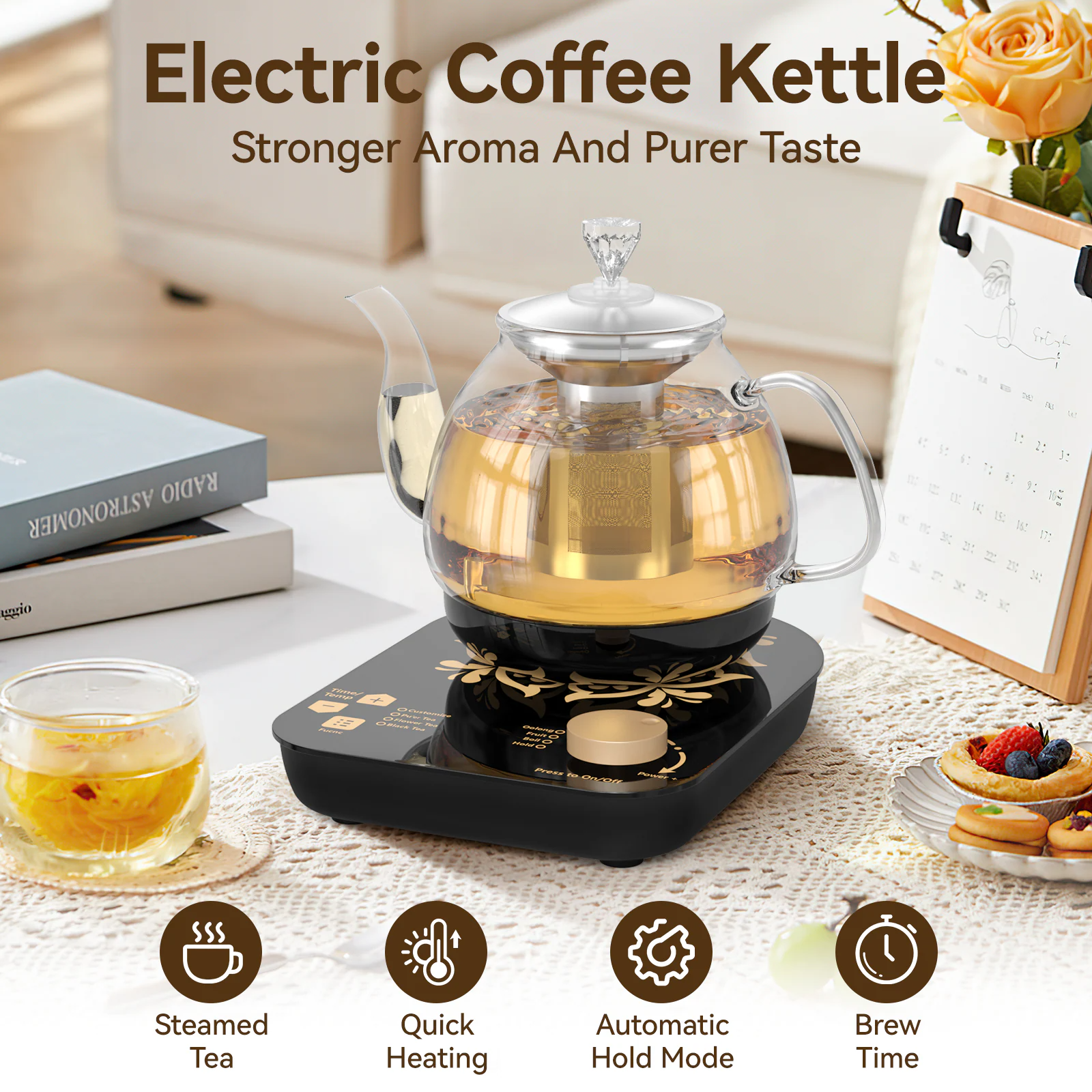 Electric Glass Kettle with Steaming and Brewing Modes Temperature and Timer Programs Cordless 800W 0.8L Capacity Perfect for Brewing Tea