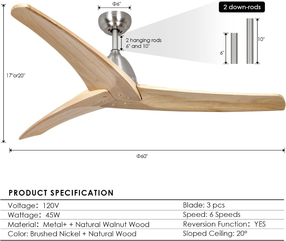 60 Inch Solid Wood Ceiling Fans No Lights Remote,Large Outdoor Real Wood Ceiling Fans without Lights 3 Natural Wood Blades Quiet for Patio Farmhouse Living Room Bedroom Office,wood color