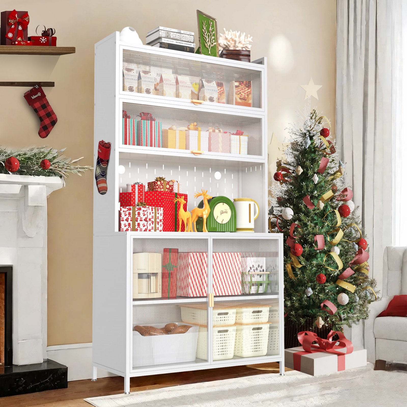 73'' Tall Kitchen Pantry Cabinet , 6 Level Flip Door with Pegboard Metal Pantry Storage Cabinet, Anti-Tip Design Hutch for Kitchen, Dining Room, Living Room (White)