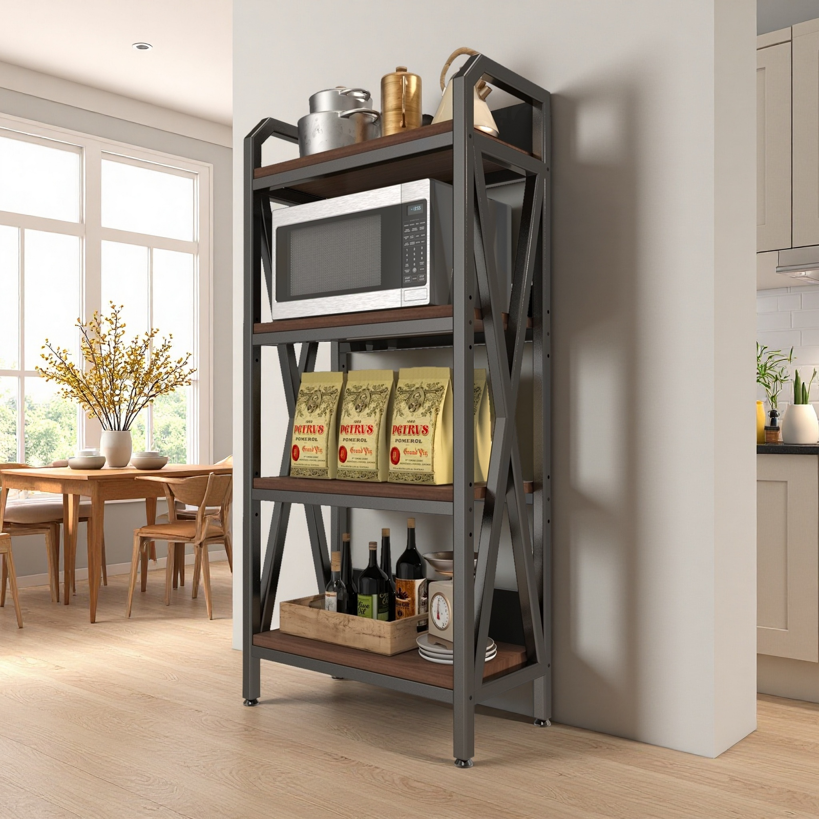 56.30'' Bakers Rack 4-Level Storage Shelves Mental and Wooden Kitchen Shelves, Kitchen Organizers and Storage, for Garage, Pantry, Bathroom ,25.60'' Length 
