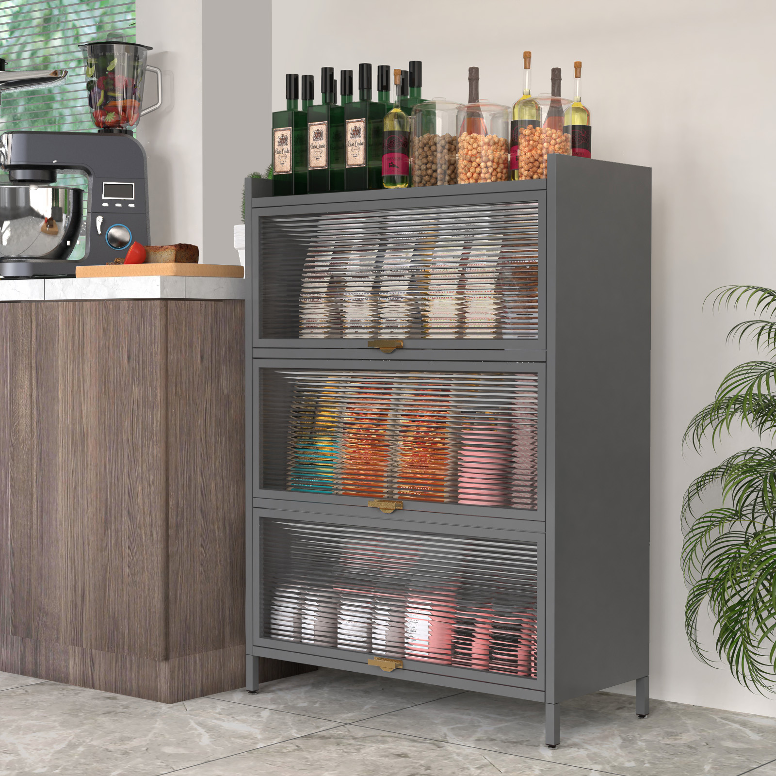 44''  4  Flip - door Metal Storage Cabinet with Three Acrylic Doors, Suitable for Kitchen, Living Room, Garden（Grey）