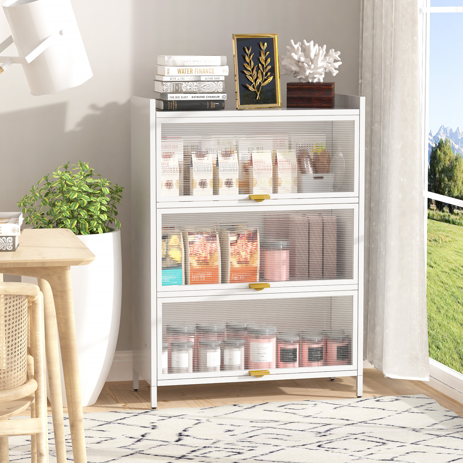 44''  4  Flip - door Metal Storage Cabinet with Three Acrylic Doors, Suitable for Kitchen, Living Room, Garden（Grey）