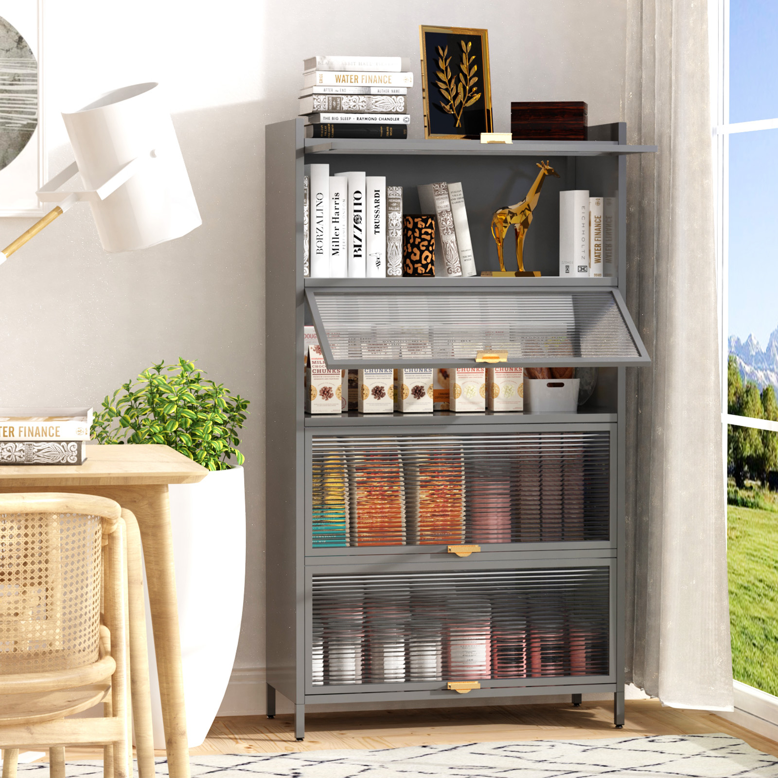 57''  5 Flip - door Metal Storage Cabinet with Three Acrylic Doors, Suitable for Kitchen, Living Room, Garden（Grey）