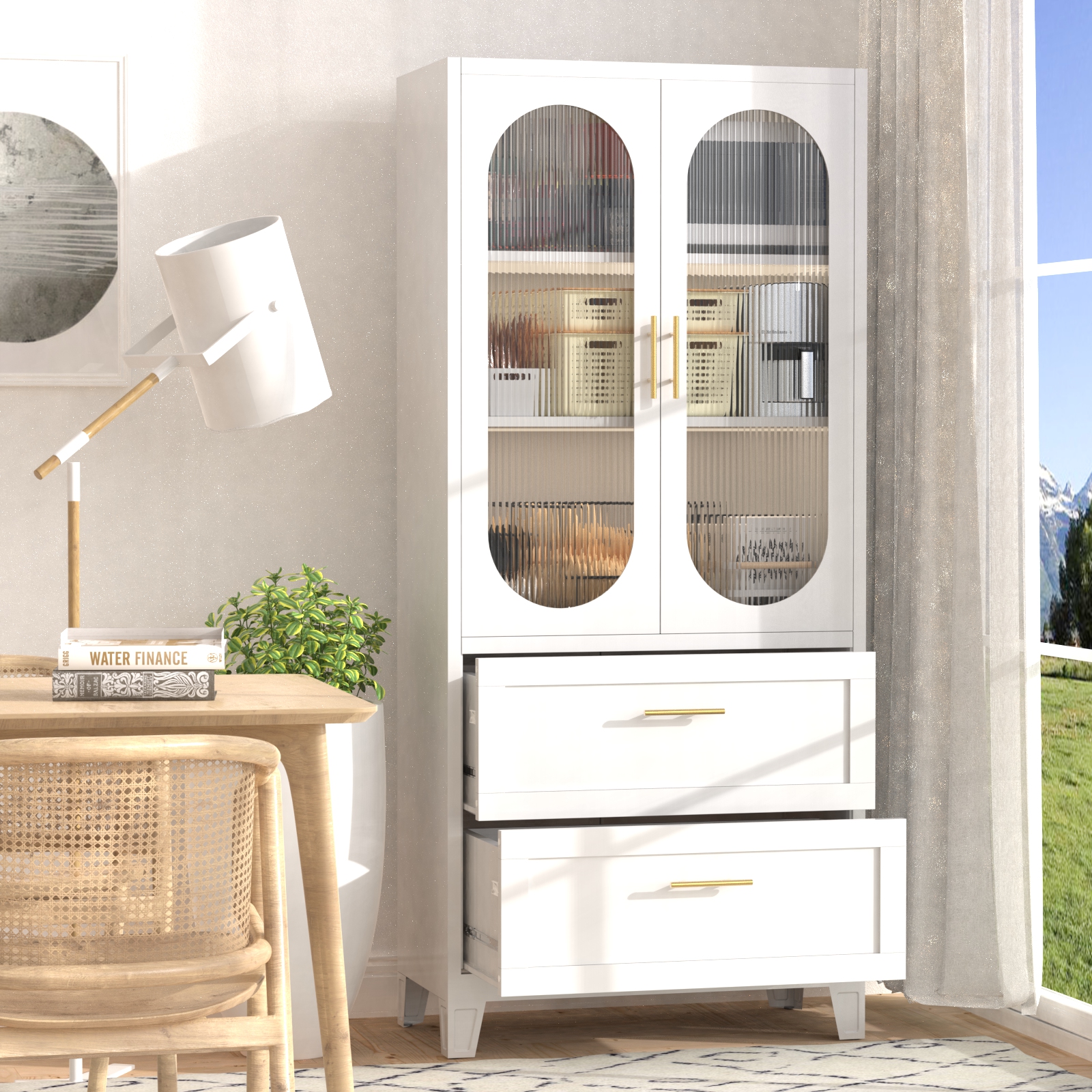 71''  Double - Door Cabinet with 2 Drawers & Adjustable , Metal Storage Cabinet with Doors and Adjustable Shelves, for Bedroom, Living Room (White)