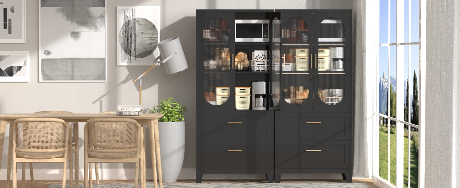 71'' Double - Door Cabinet with 2 Drawers & Adjustable Shelf, Metal Storage Cabinet with Doors and Adjustable Shelves, for Bedroom, Living Room, Kitchen(Black)