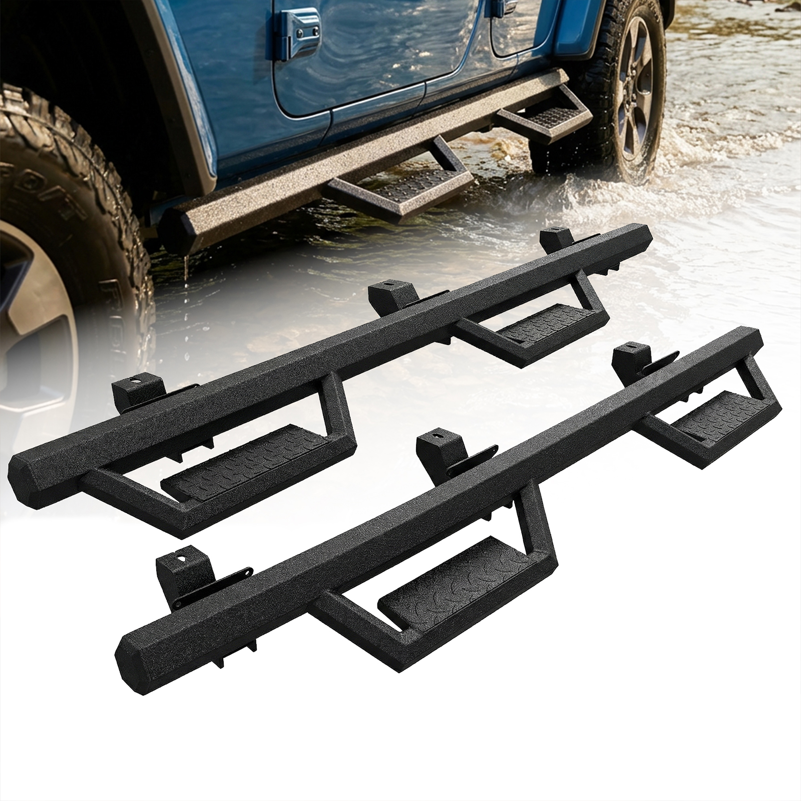 适用于 18-26 款 Wrangler JL（包括 4XE 型号）的侧踏板/脚踏板/防撞杠，两级台阶 