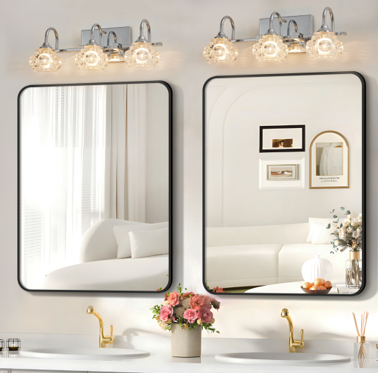 17英寸镍色复古水晶梳妆台灯-精致三灯浴室镜饰，配有透明玻璃灯罩(不含灯泡)