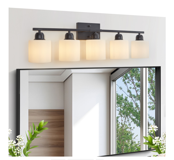 黒い浴室照明器具、5灯現代化粧台鏡上方壁灯、乳白色装飾付き壁灯