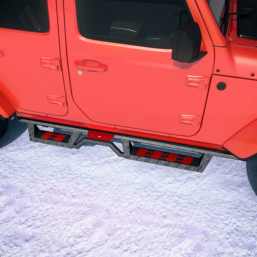 适用于 2018-2026 款 Jeep Wrangler JL 四门车型的侧踏板，黑色粉末涂层防撞杆，双阶梯设计，双色踏板可自由切换 