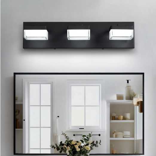 现代LED浴室化妆镜灯透明亚克力哑光黑三光源镜面上方化妆镜灯