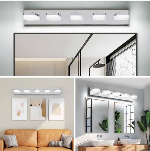 现代铬色LED梳妆台灯，五盏壁挂式SS筒灯适用于浴室和镜子，简约时尚设计